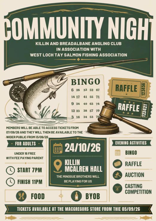 Community Night poster - Killin and Breadalbane Angling Club, Saturday 24 October 2026, McLaren Hall Killin, 7pm to 11pm